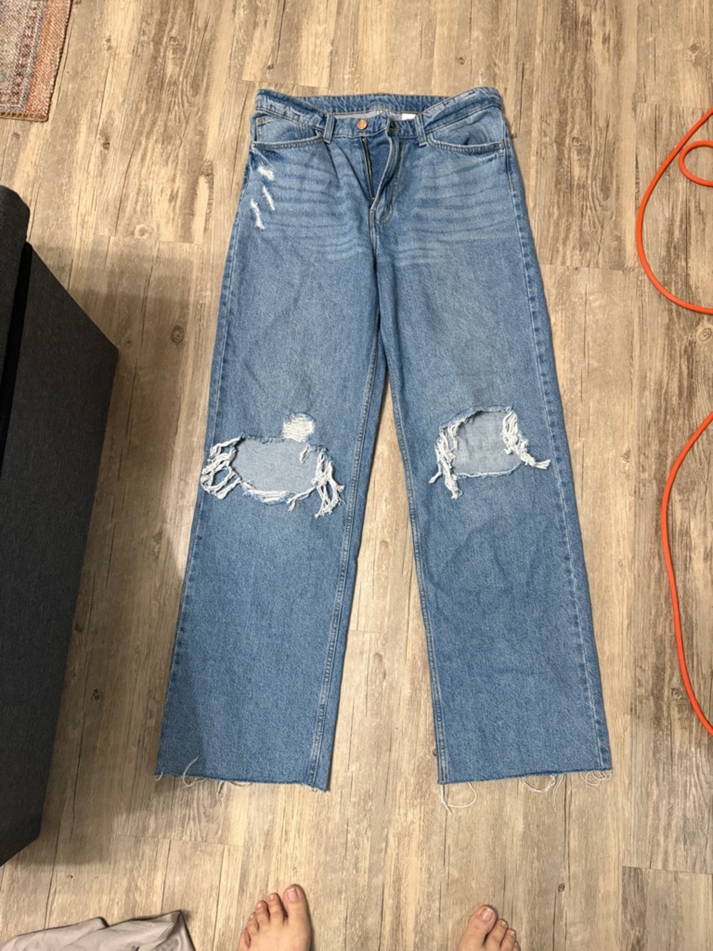 High-Rise Distressed Wide-Leg Jeans in Light Blue